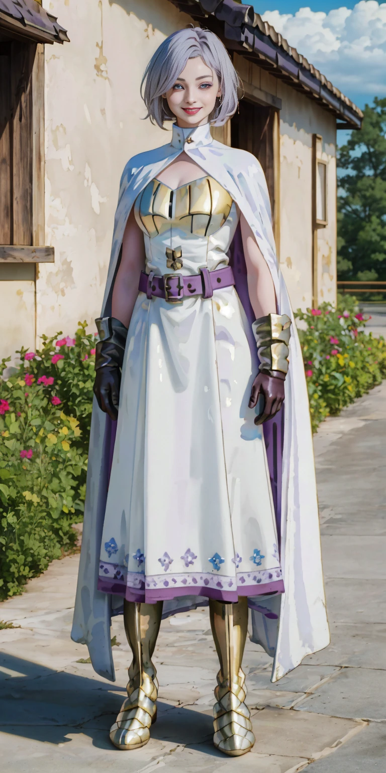 (Female chest covered)(smile) Gray skin, pale golden hair and violet eyes. She prefers clothing of white and silver with cloaks of deep blue or purple, village background, huge_knockers ((very precise detailed)) ((highres) (masterpiece, best quality), 1girl, KnightFFT, WHITE cape, armor, WHITE dress, belt, gloves, boots