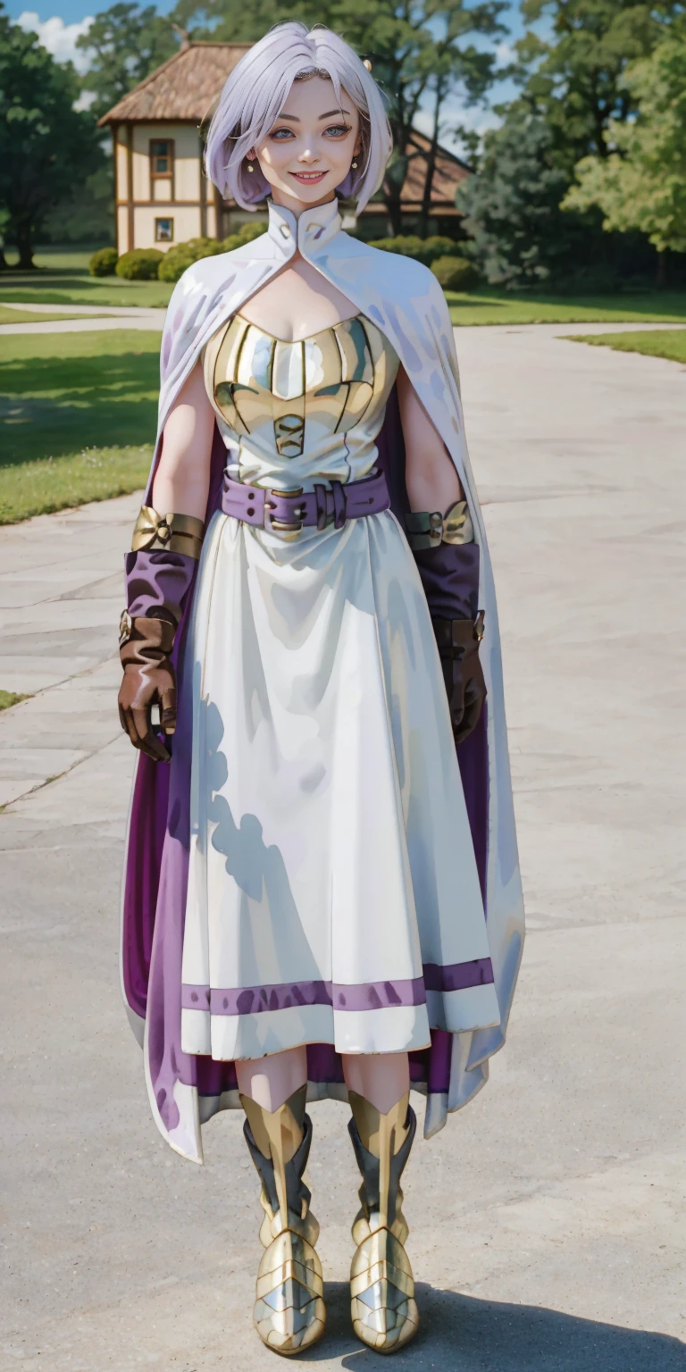 (Female chest covered)(smile) Gray skin, pale golden hair and violet eyes. She prefers clothing of white and silver with cloaks of deep blue or purple, village background, huge_knockers ((very precise detailed)) ((highres) (masterpiece, best quality), 1girl, KnightFFT, WHITE cape, armor, WHITE dress, belt, gloves, boots