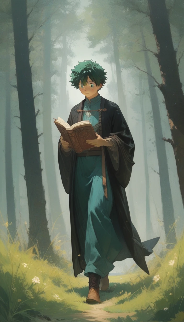 Izuku midoriya reading a book and walking on the green grass 