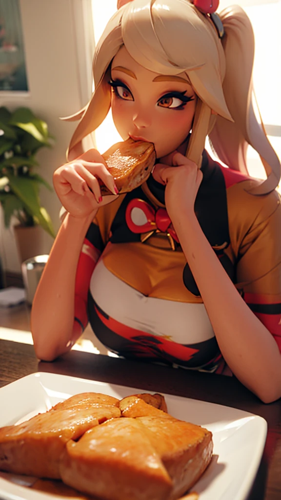 A gyaru girl eating breakfast wearing only a top