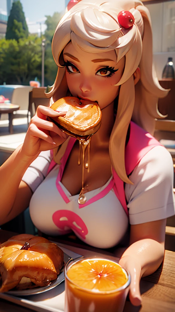 A gyaru girl eating breakfast wearing only a top