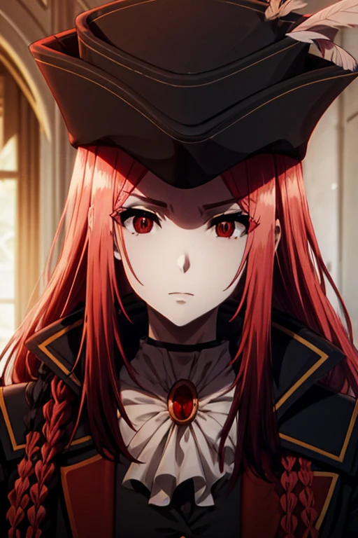 marydef, red hair, red eyes, long hair, looking at viewer, ascot, side braid, hat, black coat, black vest, upper body, portrait, hat feather,