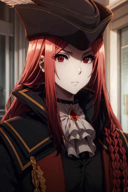 marydef, red hair, red eyes, long hair, looking at viewer, ascot, side braid, hat, black coat, black vest, upper body, portrait, hat feather,