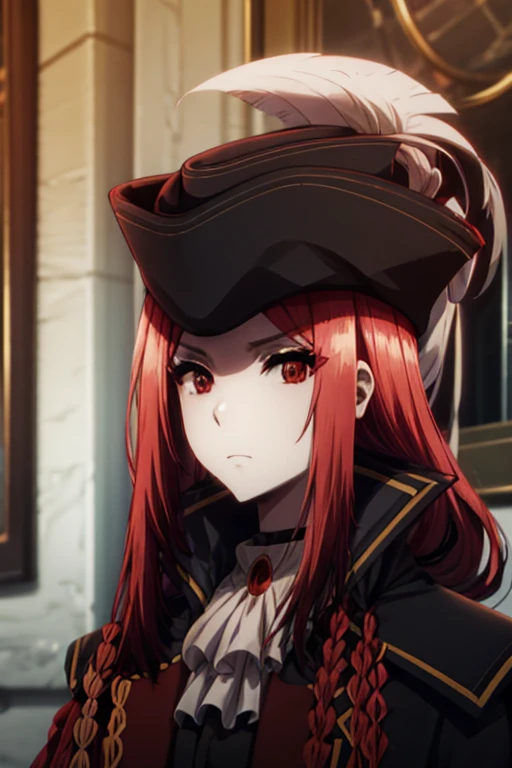 marydef, red hair, red eyes, long hair, looking at viewer, ascot, side braid, hat, black coat, black vest, upper body, portrait, hat feather,