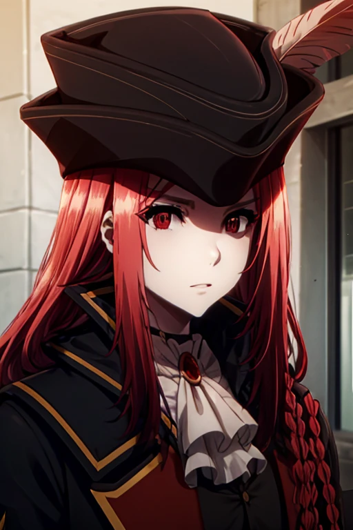 marydef, red hair, red eyes, long hair, looking at viewer, ascot, side braid, hat, black coat, black vest, upper body, portrait, hat feather,