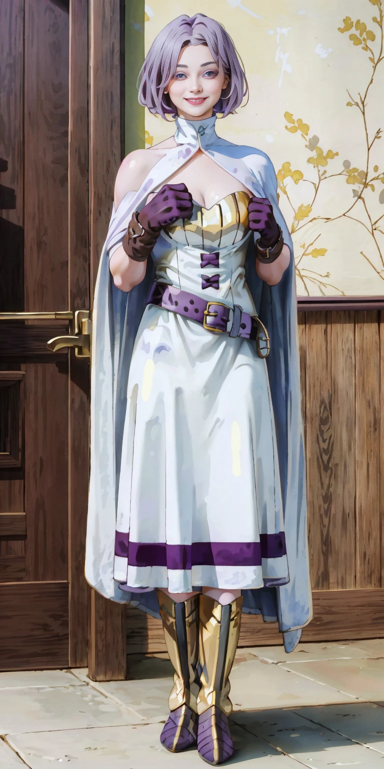 (Female chest covered)(smile) Gray skin, pale golden hair and violet eyes. She prefers clothing of white and silver with cloaks of deep blue or purple, village background, huge_knockers ((very precise detailed)) ((highres) (masterpiece, best quality), 1girl, KnightFFT, WHITE cape, armor, WHITE dress, belt, gloves, boots