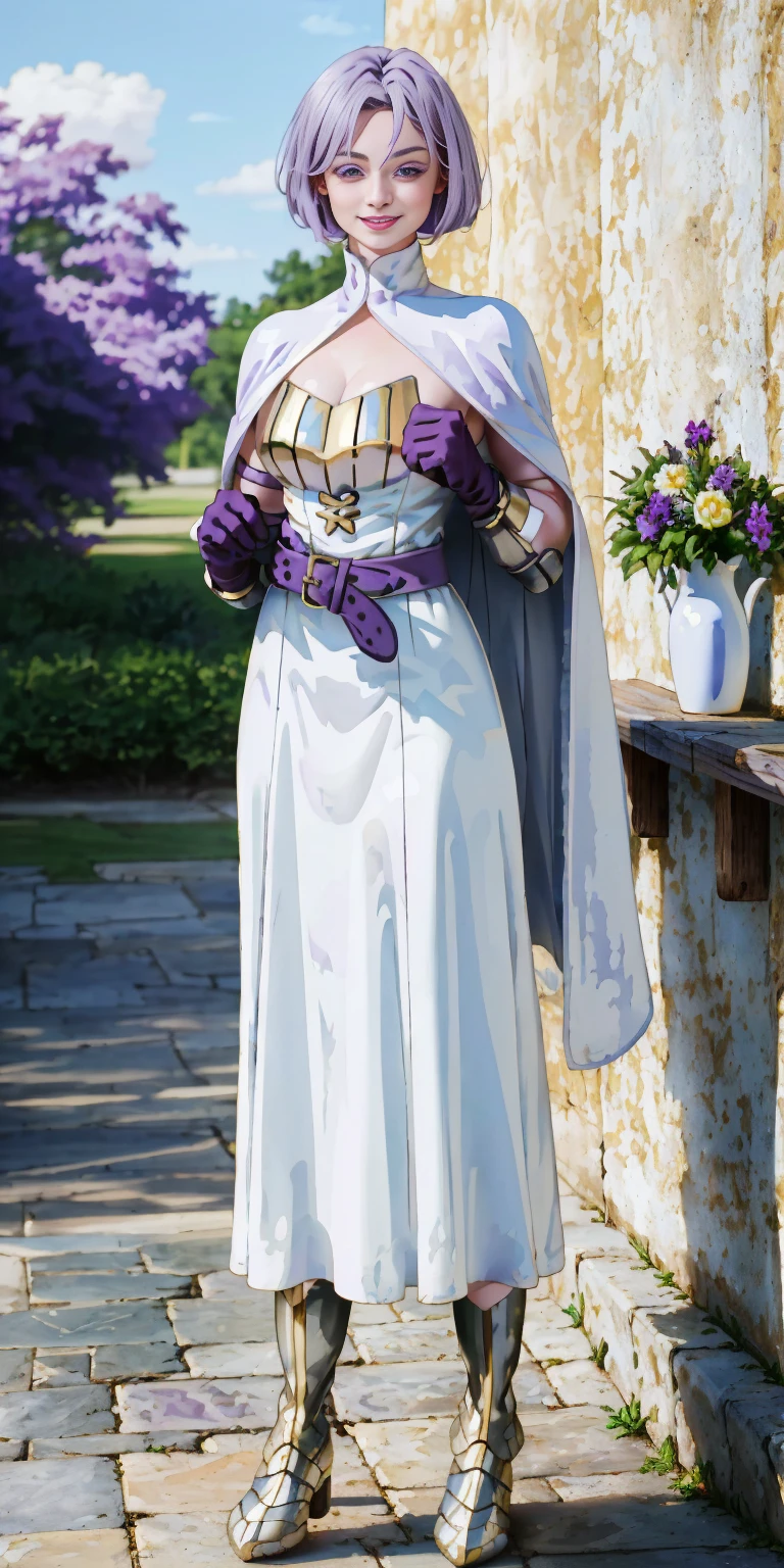 (Female chest covered)(smile) Gray skin, pale golden hair and violet eyes. She prefers clothing of white and silver with cloaks of deep blue or purple, village background, huge_knockers ((very precise detailed)) ((highres) (masterpiece, best quality), 1girl, KnightFFT, WHITE cape, armor, WHITE dress, belt, gloves, boots