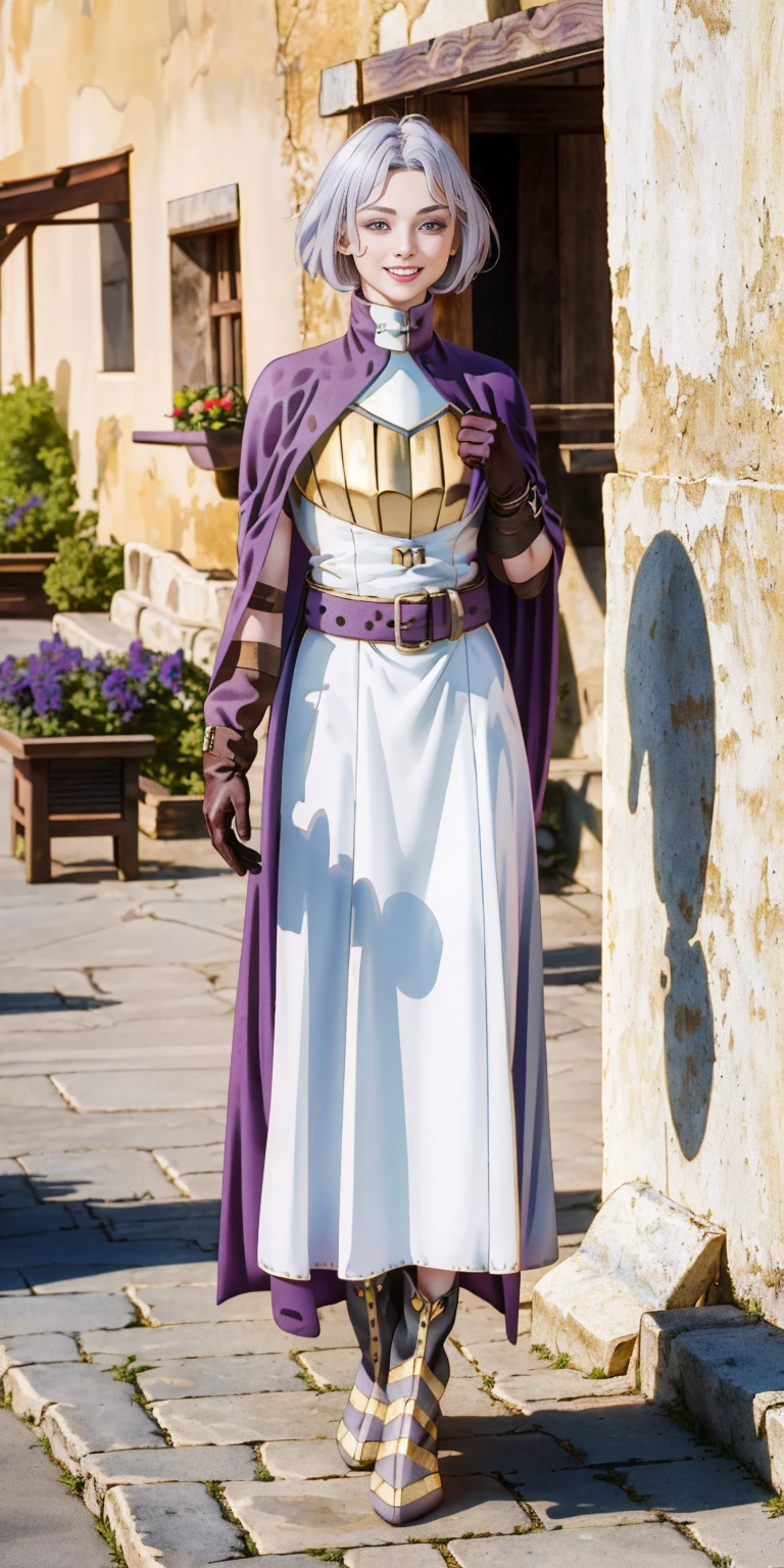 (Female chest covered)(smile) Gray skin, pale golden hair and violet eyes. She prefers clothing of white and silver with cloaks of deep blue or purple, village background, huge_knockers ((very precise detailed)) ((highres) (masterpiece, best quality), 1girl, KnightFFT, WHITE cape, armor, WHITE dress, belt, gloves, boots