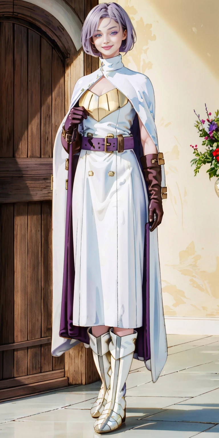 (Female chest covered)(smile) Gray skin, pale golden hair and violet eyes. She prefers clothing of white and silver with cloaks of deep blue or purple, village background, huge_knockers ((very precise detailed)) ((highres) (masterpiece, best quality), 1girl, KnightFFT, WHITE cape, armor, WHITE dress, belt, gloves, boots