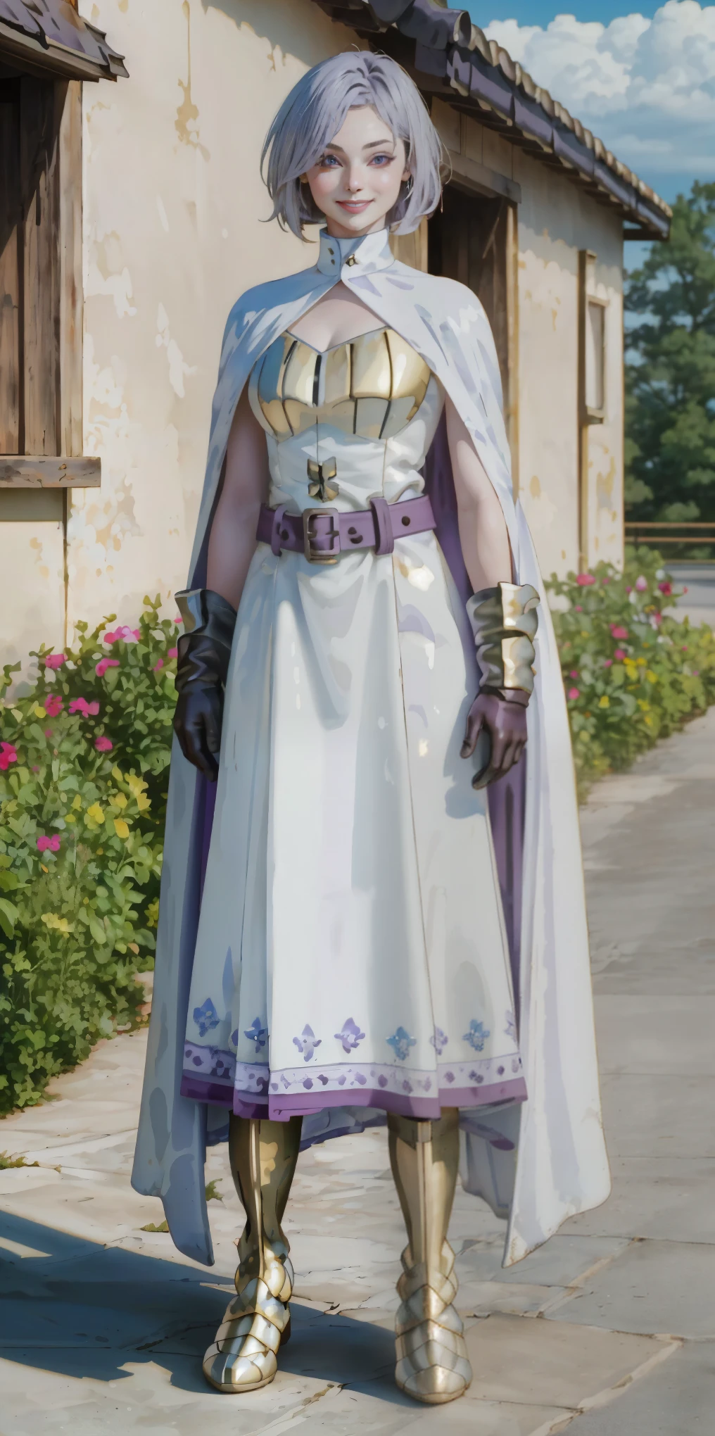 (Female chest covered)(smile) Gray skin, pale golden hair and violet eyes. She prefers clothing of white and silver with cloaks of deep blue or purple, village background, huge_knockers ((very precise detailed)) ((highres) (masterpiece, best quality), 1girl, KnightFFT, WHITE cape, armor, WHITE dress, belt, gloves, boots