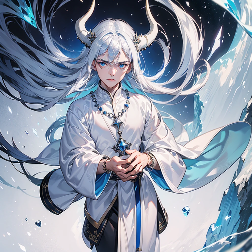 1male, mature, male focus, (solo), (((blue tint))), tan skin, finely detailed tundra, cold, cool tones, white robe, surrounded by ice, ice cave, ice cavern, snow, finely detailed glowing blue eyes, ((detailed hands)), nice hands, medium messy hair, white hair color, prayer bead necklace, prayer bead bracelet, standing with hands in pocket, night, somber expression, ((detailed eyes)), ((horns)), red tattoos on arms