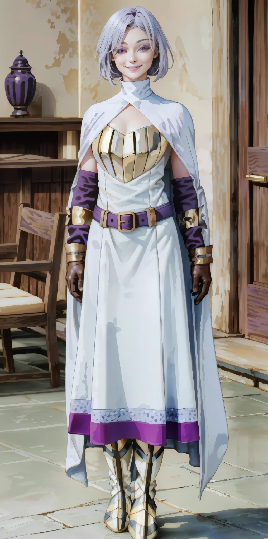 (Female chest covered)(smile) Gray skin, pale golden hair and violet eyes. She prefers clothing of white and silver with cloaks of deep blue or purple, village background, huge_knockers ((very precise detailed)) ((highres) (masterpiece, best quality), 1girl, KnightFFT, WHITE cape, armor, WHITE dress, belt, gloves, boots