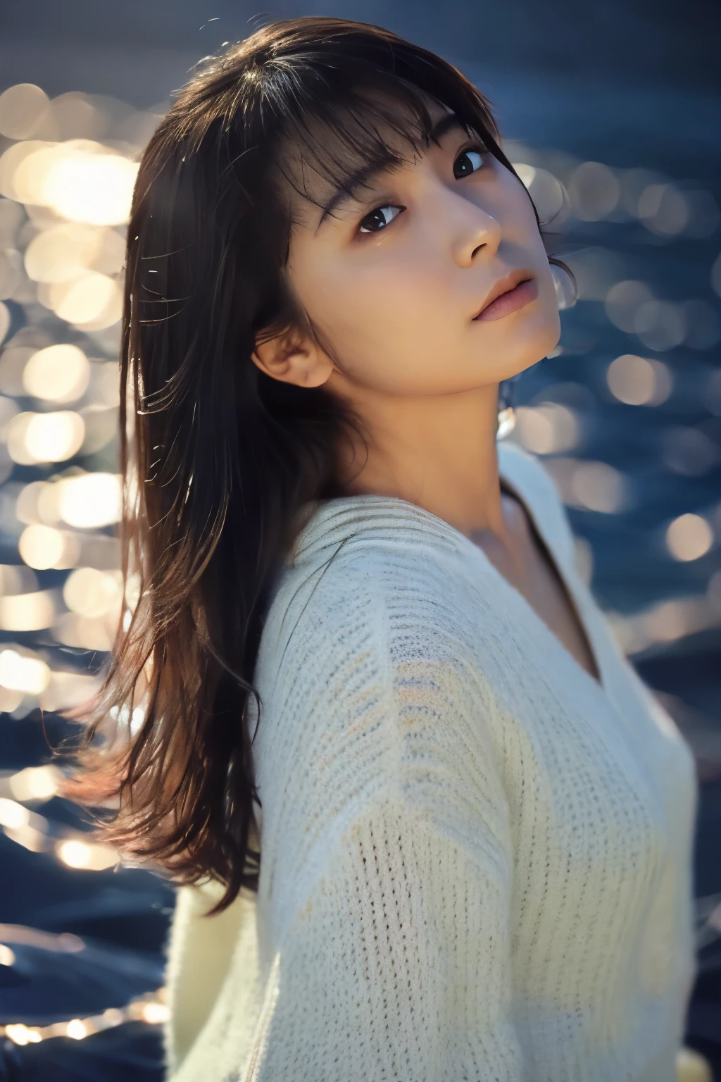 (knitwear), (top-quality, masterpiece:1.3, Super high resolution), (Photorealsitic:1.4, RAW shooting), Ultra-realistic capture, A highly detailed, high-definition 16K for human skin, Wistful, A skinny Japanese woman, 30 years old, cute face, ((Sadness face)), detailed face, detailed eyes, ((correct anatomy)), A dark-haired, Middle hair, ((Background of the sea in a starry night)), (((looking up afar at starry sky))), hair blowing in the wind