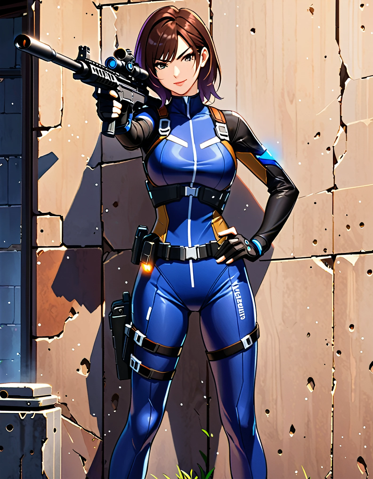 arafed woman in blue bodysuit holding a gun and posing, sniper rifle, inspired by Leng Mei, motoko kusanagi, ana from overwatch, cute girl wearing tank suit, badass pose, as overwatch character, mei from overwatch, glamorous jill valentine, full body zenkai! asuka suit, as an overwatch character, full body close-up shot, berlin wall