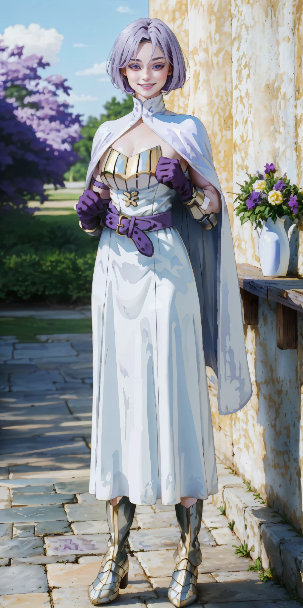 (Female chest covered)(smile) Gray skin, pale golden hair and violet eyes. She prefers clothing of white and silver with cloaks of deep blue or purple, village background, huge_knockers ((very precise detailed)) ((highres) (masterpiece, best quality), 1girl, KnightFFT, WHITE cape, armor, WHITE dress, belt, gloves, boots