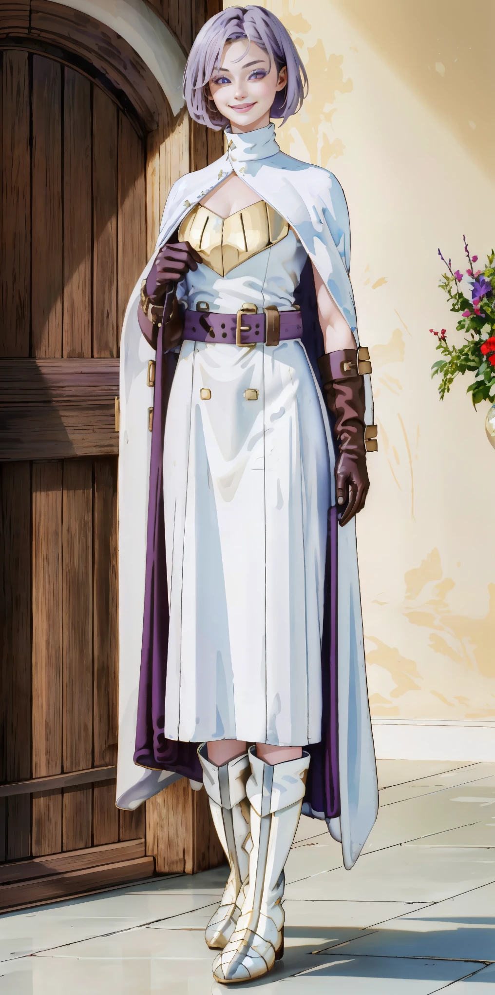 (Female chest covered)(smile) Gray skin, pale golden hair and violet eyes. She prefers clothing of white and silver with cloaks of deep blue or purple, village background, huge_knockers ((very precise detailed)) ((highres) (masterpiece, best quality), 1girl, KnightFFT, WHITE cape, armor, WHITE dress, belt, gloves, boots