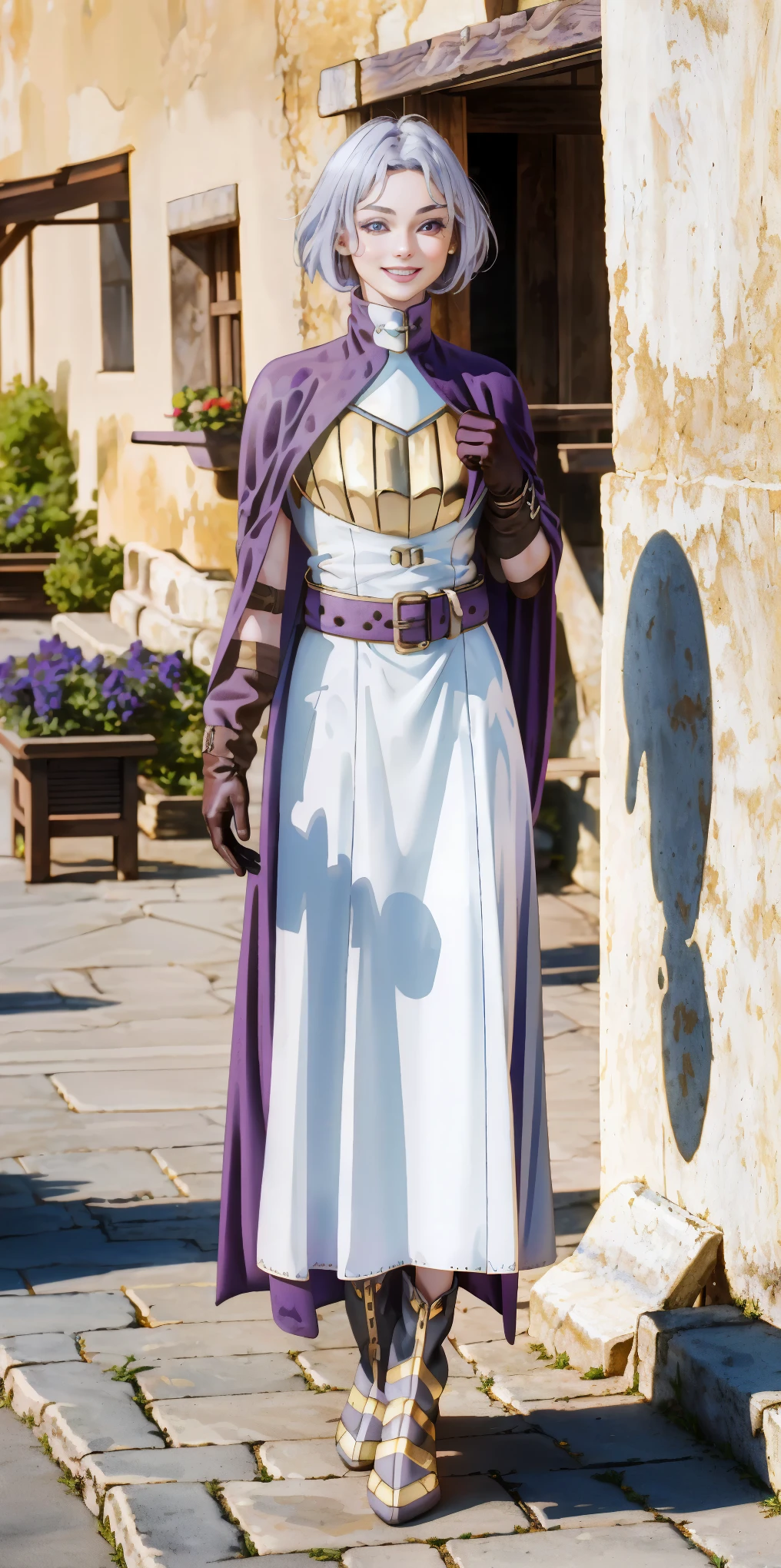 (Female chest covered)(smile) Gray skin, pale golden hair and violet eyes. She prefers clothing of white and silver with cloaks of deep blue or purple, village background, huge_knockers ((very precise detailed)) ((highres) (masterpiece, best quality), 1girl, KnightFFT, WHITE cape, armor, WHITE dress, belt, gloves, boots