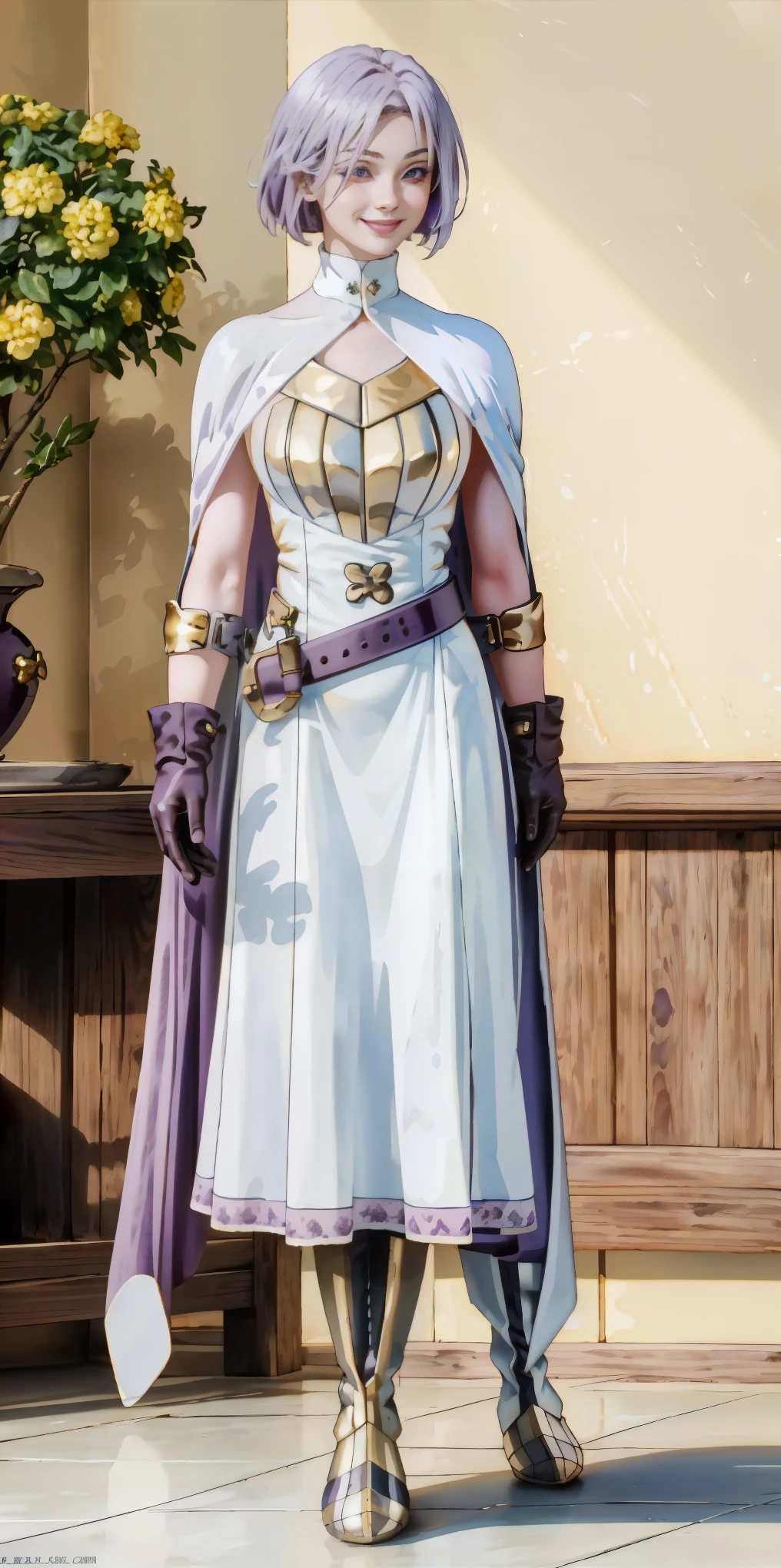 (Female chest covered)(smile) Gray skin, pale golden hair and violet eyes. She prefers clothing of white and silver with cloaks of deep blue or purple, village background, huge_knockers ((very precise detailed)) ((highres) (masterpiece, best quality), 1girl, KnightFFT, WHITE cape, armor, WHITE dress, belt, gloves, boots