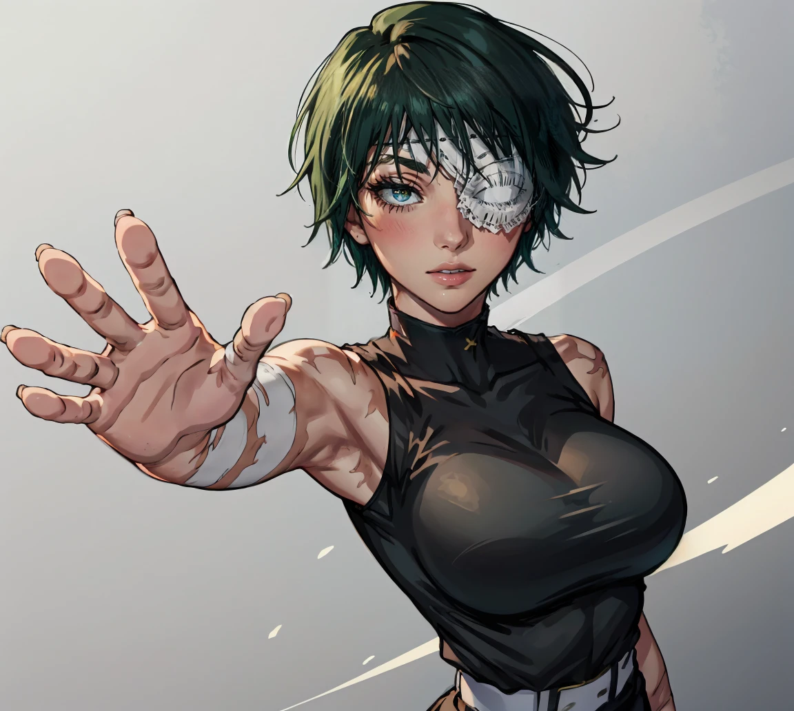 (masterpiece:1.2, best quality:1.2, beautiful, high quality, highres:1.1), 1girl, detailed, short hair, short fluffy hair, short green hair, extremely detailed 4K, perfect eyes, perfect face, visible bandaid, 1 eye, bandaid covering eye, other eye covered, eye covered with bandaid, circle arms, serious gaze, ready for battle, combat face, glasses, circle shaped glasses, yellow shiny eyes, yellow colored eyes, Bandaid on face, posing, hands, arms, scars on arms, scars on face, scars on cheek, bangs, really short hair, scars on body, Maki Zenin eyes, perfect eyes, scars on face, dangerous, eye patch, white bandage on eye, yellow colored eyes, exotica, scar on face, scar on cheeks, visible scars on cheeks, bandage on eye, scar on eye, Maki Zenin, scar on body, very short hair, circle glasses, dark scars on face, Maki Zenin LoRA, black shirt, scar on eye, scars, sleeveless, crop top, beautiful face, perfect lighting, (1girl, solo, adult female, mature female), thin, lithe body, Maki Zenin, green hair, glasses, (big breasts), ((sensual seductive)), ((raising hand showing armpits))