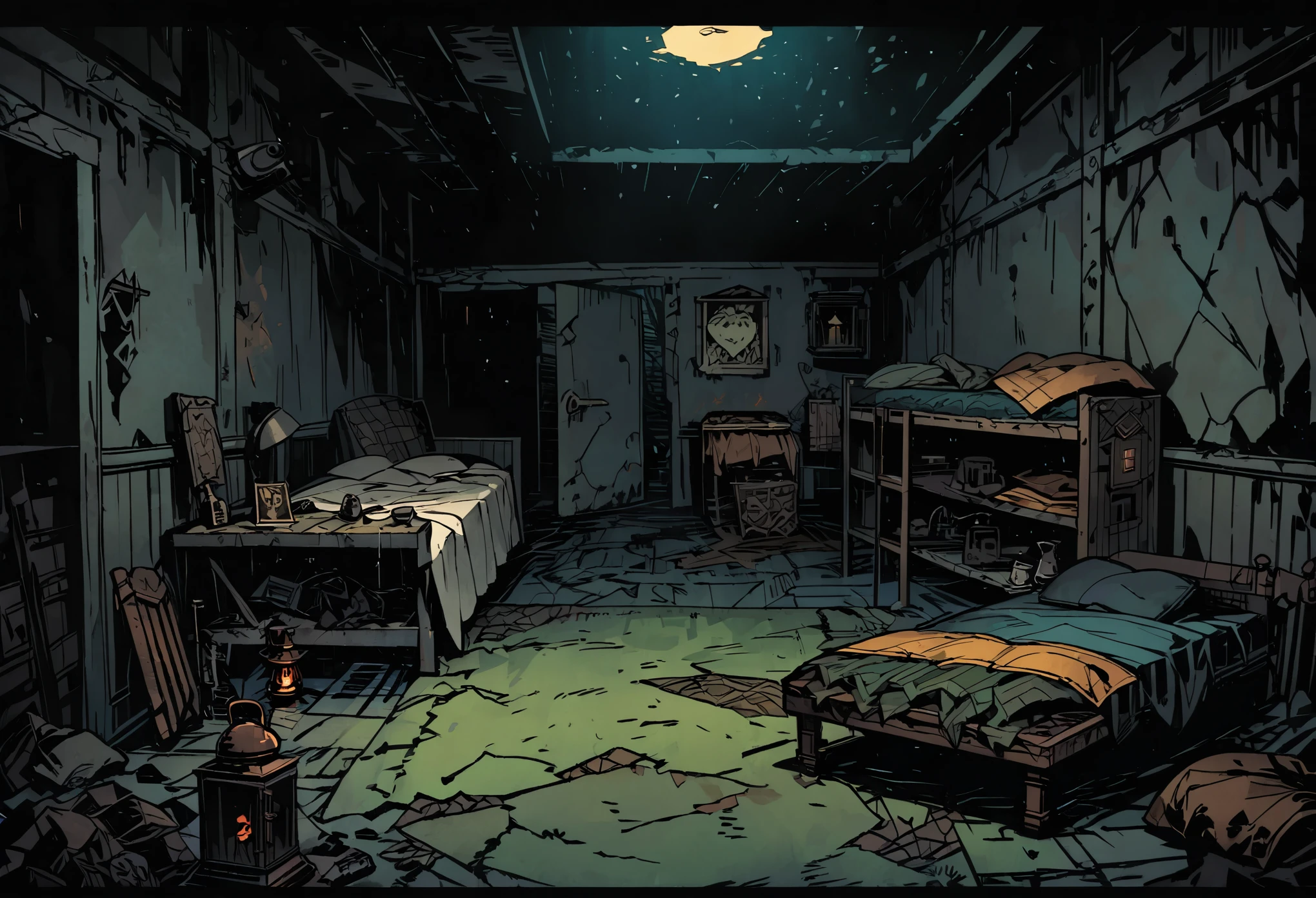 Barracks, sleeping area, old broken beds, rust, mattresses on floor, carpets, rest, dim light, abandonment, comfort, isolation, survival, fear, atmosphere of solitude, lack of resources, gloom, WW1 bunker, (old detailed oil lamp), masterpiece, Darkest Dungeon art, thick outlines style
