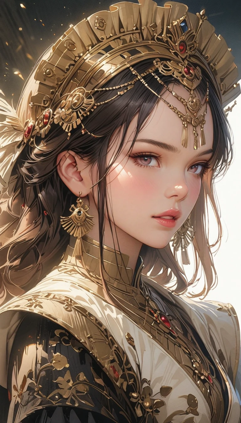 beautiful detailed eyes, beautiful detailed lips, extremely detailed eyes and face, long eyelashes, 1 girl, ornate headdress, blue flowers, gold tassels, standing pose, elegant, regal, photorealistic, 8k, realistic, masterpiece, intricate details, dramatic lighting, cinematic