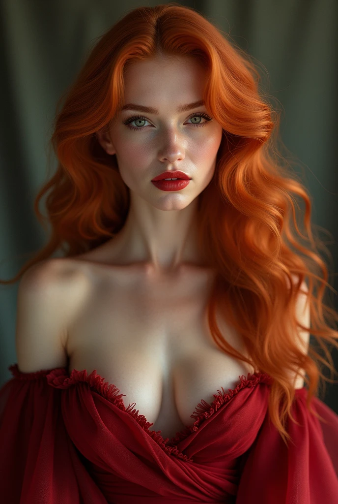Create the image of a red-haired woman with green eyes, long hair, red lipstick and a low-cut red outfit
