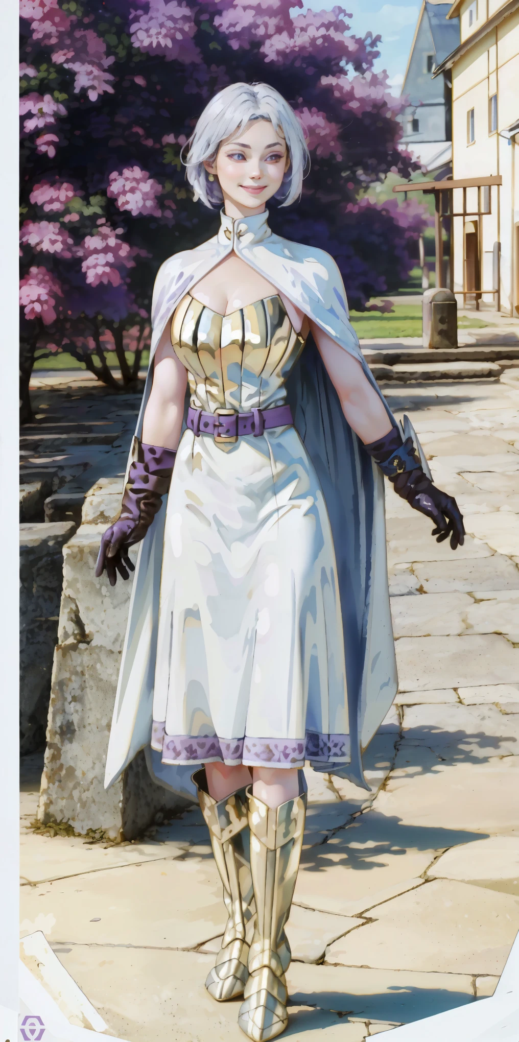 (Female chest covered)(smile) Gray skin, pale golden hair and violet eyes. She prefers clothing of white and silver with cloaks of deep blue or purple, village background, huge_knockers ((very precise detailed)) ((highres) (masterpiece, best quality), 1girl, KnightFFT, WHITE cape, armor, WHITE dress, belt, gloves, boots