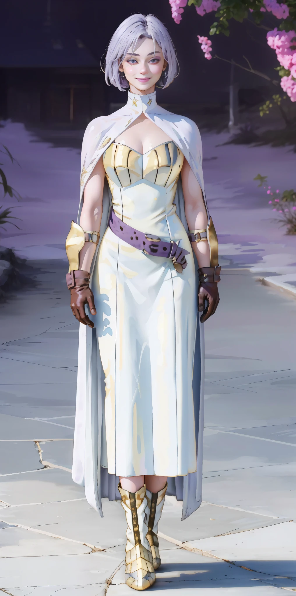 (Female chest covered)(smile) Gray skin, pale golden hair and violet eyes. She prefers clothing of white and silver with cloaks of deep blue or purple, village background, huge_knockers ((very precise detailed)) ((highres) (masterpiece, best quality), 1girl, KnightFFT, WHITE cape, armor, WHITE dress, belt, gloves, boots