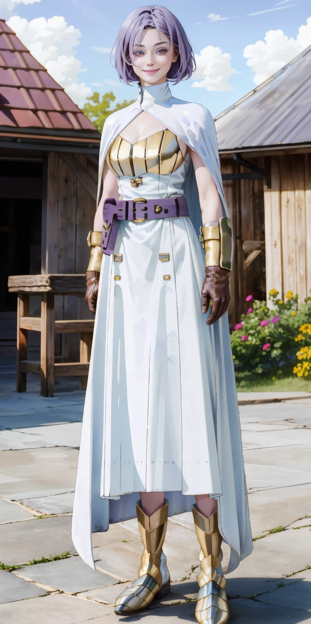 (Female chest covered)(smile) Gray skin, pale golden hair and violet eyes. She prefers clothing of white and silver with cloaks of deep blue or purple, village background, huge_knockers ((very precise detailed)) ((highres) (masterpiece, best quality), 1girl, KnightFFT, WHITE cape, armor, WHITE dress, belt, gloves, boots