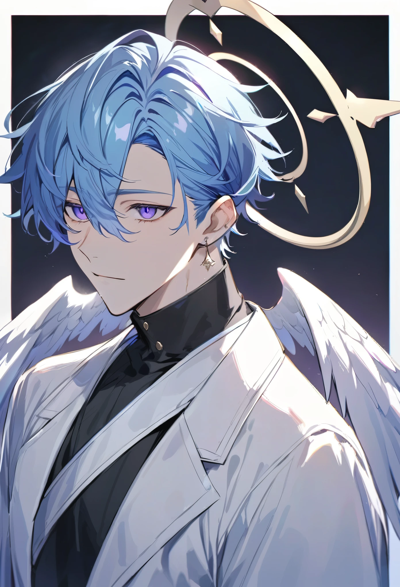 solo, handsome, 1 male, short hair, blue hair, purple eyes, black shirt, white coat, halo, small wings behind ears