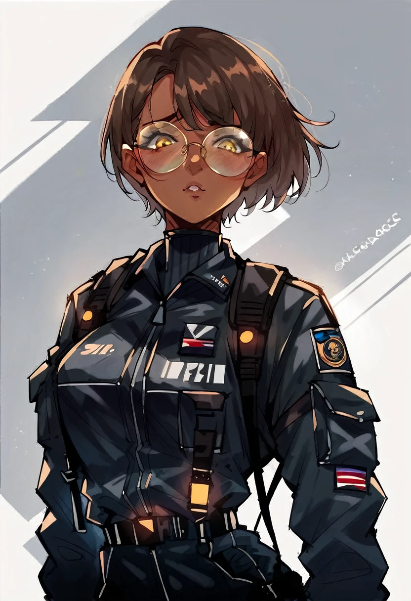 beautiful shy anime pilot woman, tanned skin, short brown hair, aviator glasses, yellow eyes, black tactical leather flightsuit, straps, waist up, hangar background, LowKeyLights