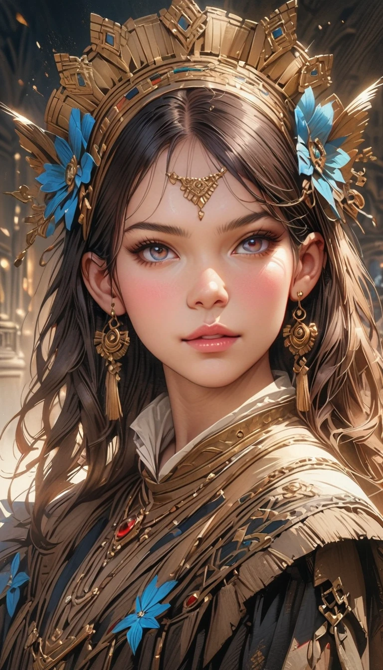 a beautiful detailed eyes, beautiful detailed lips, extremely detailed eyes and face, long eyelashes, 1 girl, ornate headdress, blue flowers, gold tassels, standing pose, full body render, (best quality,4k,8k,highres,masterpiece:1.2),ultra-detailed,(realistic,photorealistic,photo-realistic:1.37),intricate details, elegant, fantasy, digital painting, cinematic lighting, vibrant colors, warm tones