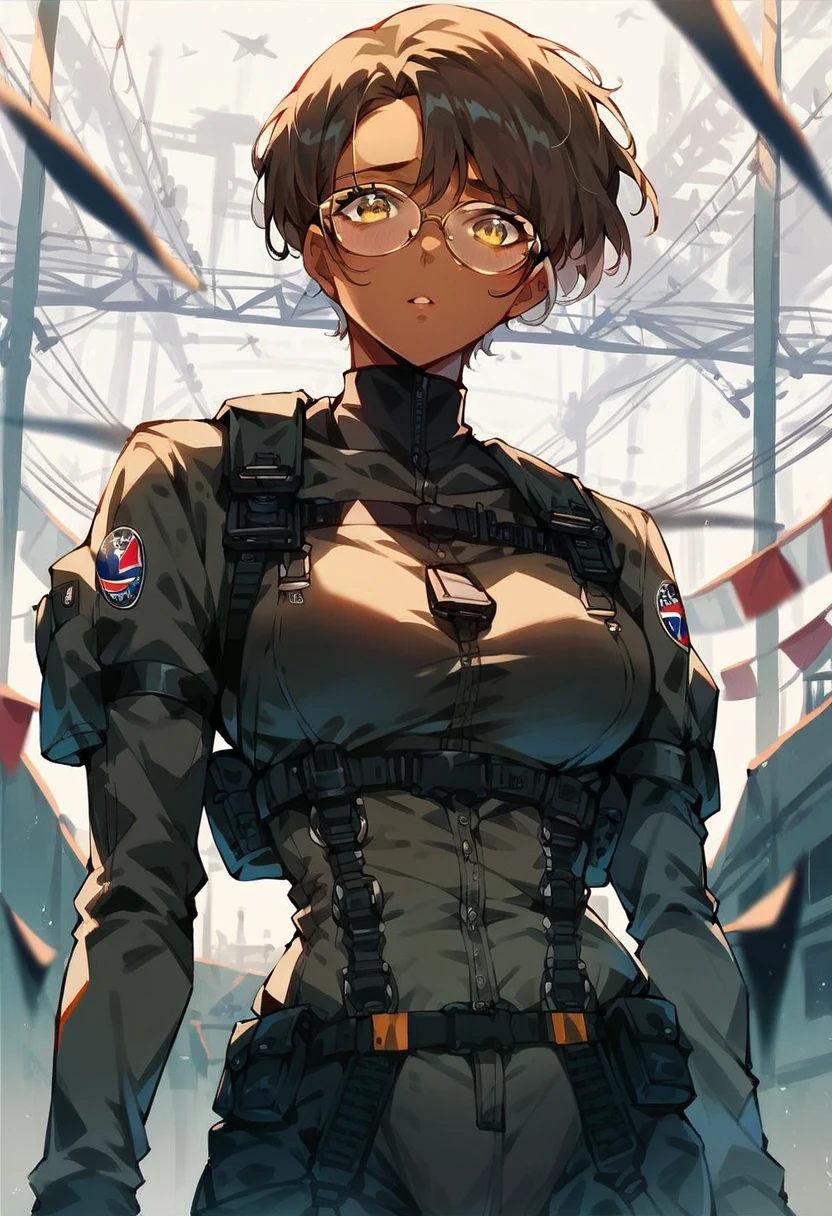 beautiful shy anime pilot woman, tanned skin, short brown hair, aviator glasses, yellow eyes, black tactical leather flightsuit, straps, waist up, hangar background, LowKeyLights