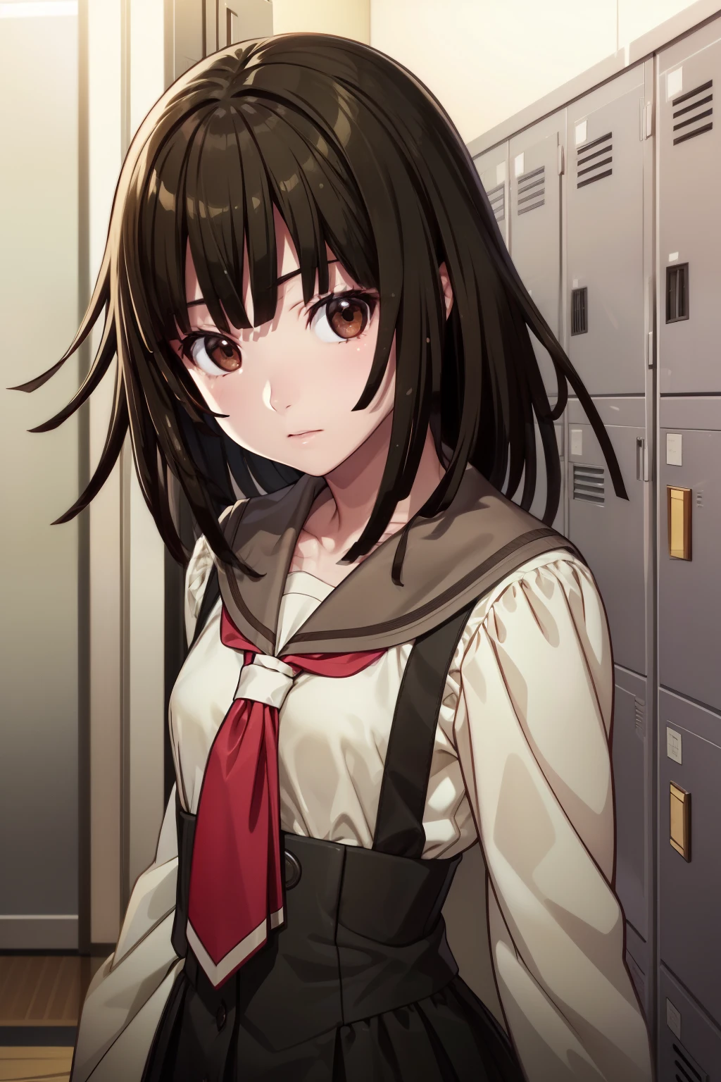 lockers,Silver school shoe locker、masterpiece、Highest quality、High resolution、Detailed face、アニメ、アニメ塗り、アニメカラーリング、RAW Photos、bakemonogatari、official、One girl、独奏、nadeko01, medium hair, brown hair, brown eyes, bangs, blunt bangs, skirt, collarbone, school uniform, serafuku, long sleeves, necktie,((Anatomically correct))、Upper Body