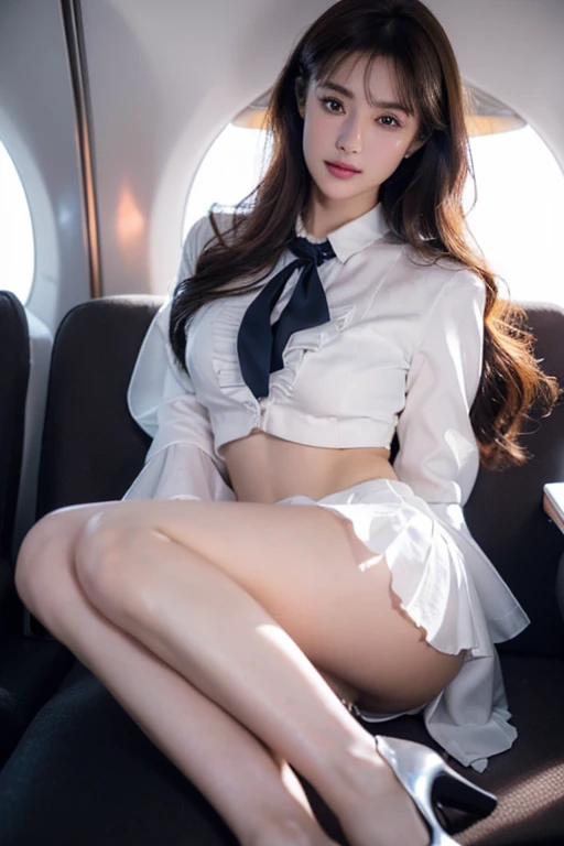 Beautiful woman in flight attendant uniform、Super delicate face、Super detailed eyes and face、double eyelids、Glossy Lips、Dark Brown Hair、Flight attendant blazer jacket、Vertical ruffle blouse、tie、Midi Skirt、(silk pantyhose、High heels)、((Full body portrait)), High definition face and skin texture、sharp long legs、(Sitting on the plane)、((Perfect Anatomy、Perfect hands and fingers、Anatomically correct))、1 female、8k,Highest quality, masterpiece、Ultra-high resolution