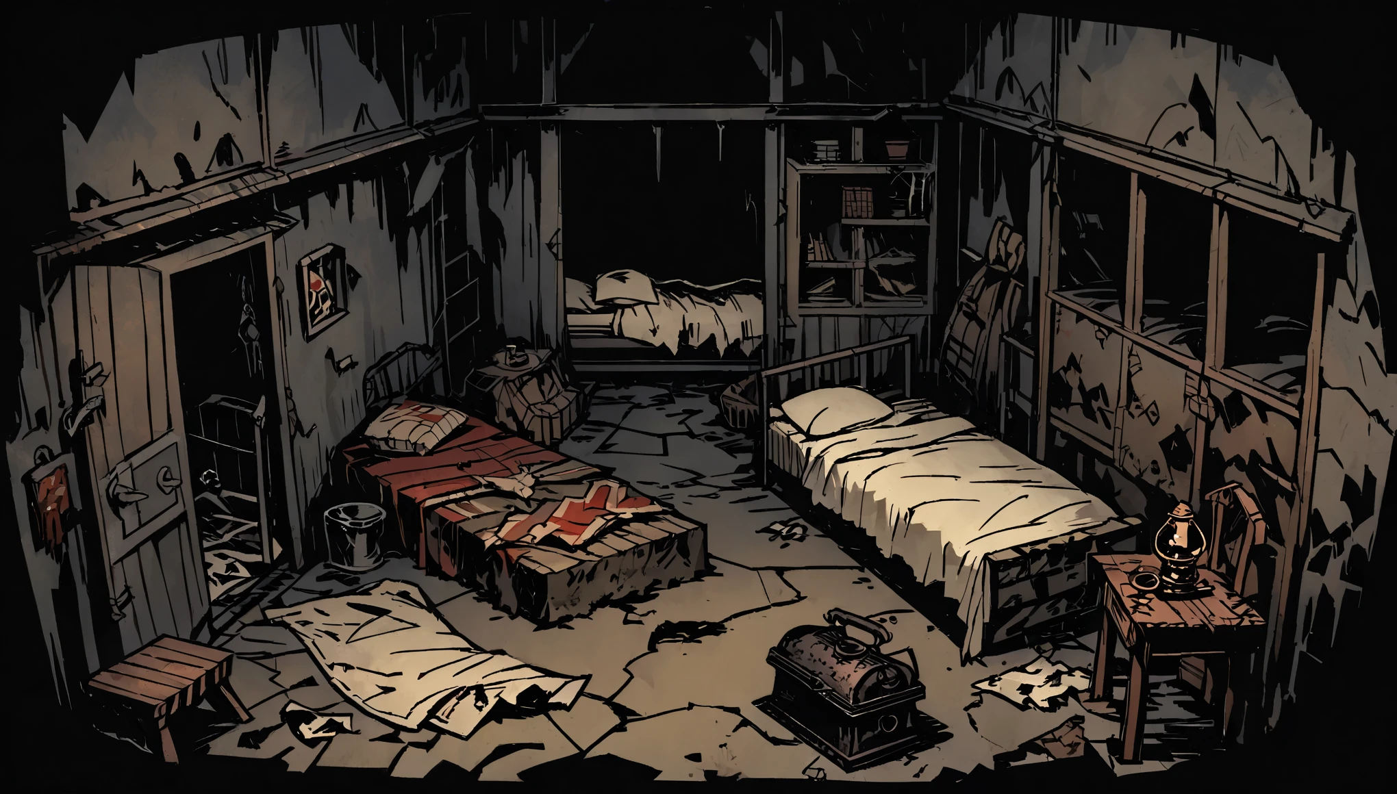 top view, Barracks, sleeping area, old broken beds with torn textile, rusted walls, pissed mattresses on floor, torn carpets, rest, dim light, abandonment, comfort, isolation, survival, fear, atmosphere of solitude, lack of resources, gloom, WW1 bunker, (old detailed oil lamp), masterpiece, Darkest Dungeon art, thick outlines style
