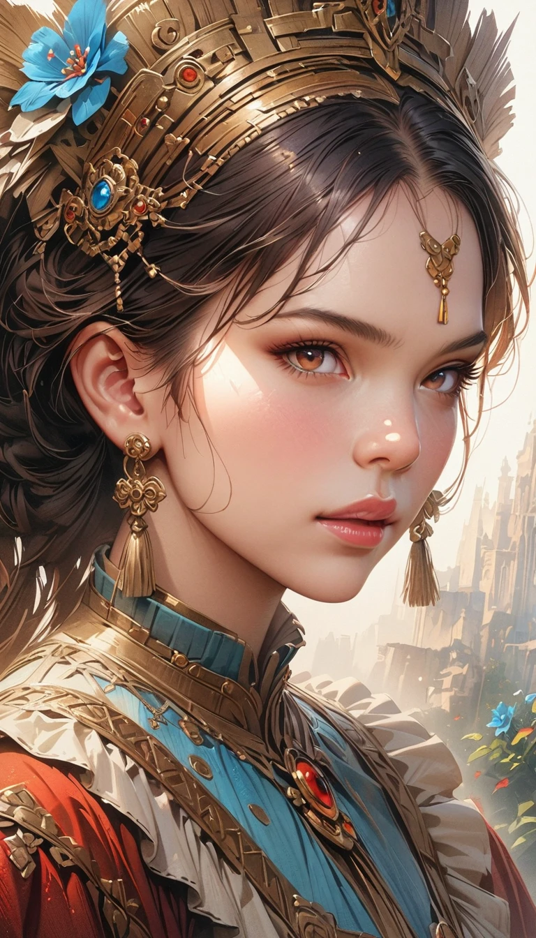 a beautiful detailed eyes, beautiful detailed lips, extremely detailed eyes and face, long eyelashes, 1 girl, ornate headdress, blue flowers, gold tassels, standing pose, full body render, (best quality,4k,8k,highres,masterpiece:1.2),ultra-detailed,(realistic,photorealistic,photo-realistic:1.37),intricate details, elegant, fantasy, digital painting, cinematic lighting, vibrant colors, warm tones