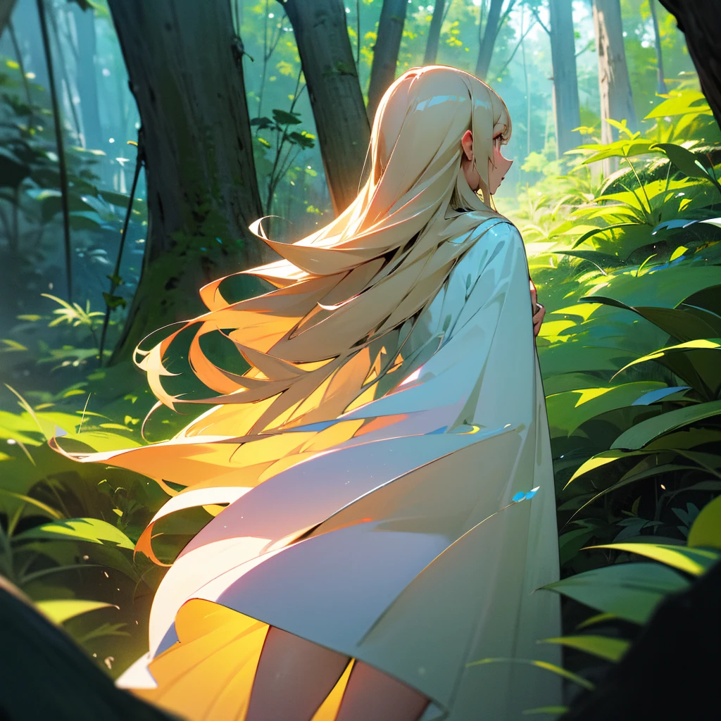 A woman with long blonde hair wearing a flowing white dress walking through a lush, dense forest, her back turned to the camera, dress slightly lifted revealing her thighs, detailed face and features, photorealistic, masterpiece, cinematic lighting, vivid colors, fantasy, ethereal