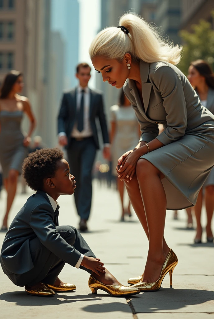 a black boy shines shoes knel, licks with tongue and eats the dirt and mud from the sandals of a rich, wealthy woman, with white skin, platinum hair, a gray miniskirt and gold sandals high heeled.
The sitting woman watches the black boy eat the dirt and makes fun of him.
In the background a street and beautiful office women walk calmly.