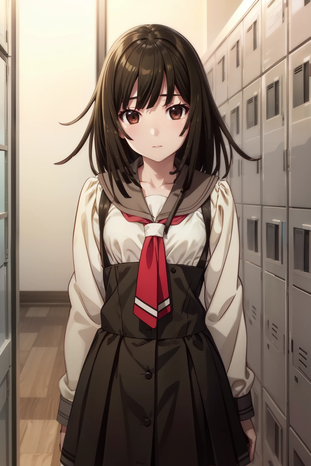 lockers,Silver school shoe locker、masterpiece、Highest quality、High resolution、Detailed face、アニメ、アニメ塗り、アニメカラーリング、RAW Photos、bakemonogatari、official、One girl、独奏、nadeko01, medium hair, brown hair, brown eyes, bangs, blunt bangs, skirt, collarbone, school uniform, serafuku, long sleeves, necktie、Upper Body