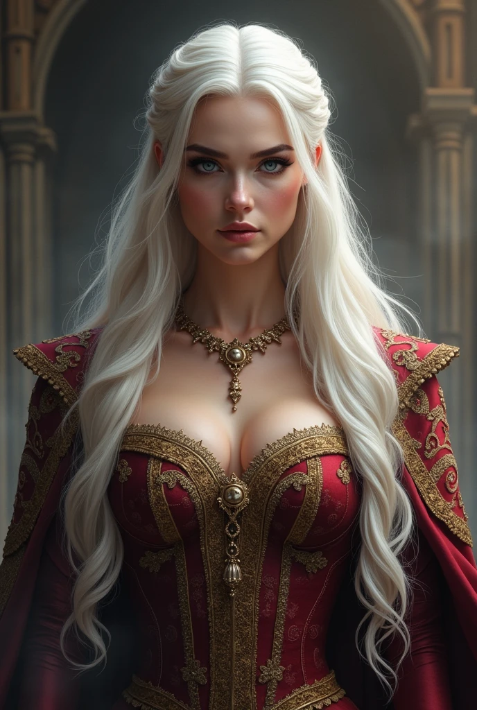 The model is Raistrin Majere。Gender: German female。 The face has low cheeks and a pointed chin、The mouth is slightly large、The nose is pointed and high。White hair with waves。 with large golden eyes and pupils like an hourglass（⌛）with a shape like this。Their skin is a unique shade of white with a golden glow, and their physique is extremely slender.。A magician wearing a robe with a deep wine red hood。A magic staff made of oak wood in the right hand and a magic amulet around the neck。He looks at you with a sharp gaze, a smile of despair and irony。The background is an old Roman library with magical creatures and fairies flying around