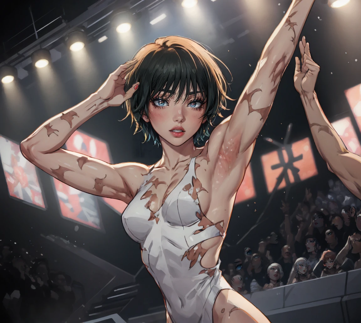 naked maki zenin, hot, 4k, short hair, scars on body, ((hands up in the air showing armpits))