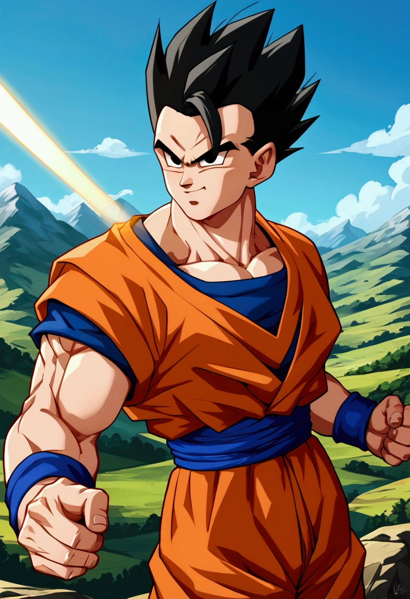 (score_9,score_8_up,score_7_up), source_anime,best quality,masterpiece,anime, wearing her orange outfit, with blue underneath, with a blue wristband on each wrist, spiky black hair and black eyes, with a distinctive lock falling over her forehead and a blue ribbon wrapping around her waist, mountain landscape, launching a blue energy beam from both hands