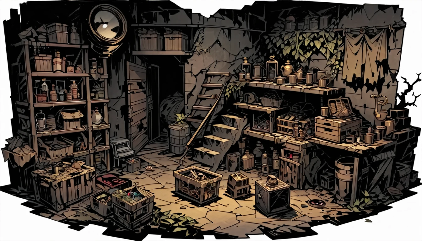 top view, Storage Room in bunker, cluttered with crates, empty supplies, living vines, broken crates, small valuable resources, bottles, cobwebs, survival, underground environment, WW1 bunker, ((old brass oil lamp)), masterpiece, Darkest Dungeon art, ultra detailed, thick outlines style
