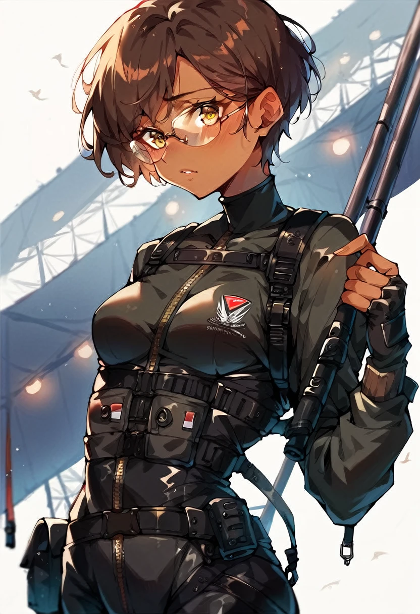 beautiful shy anime pilot woman, tanned skin, short brown hair, aviator glasses, yellow eyes, black tactical leather flightsuit, straps, waist up, small breasts, hangar background, LowKeyLights