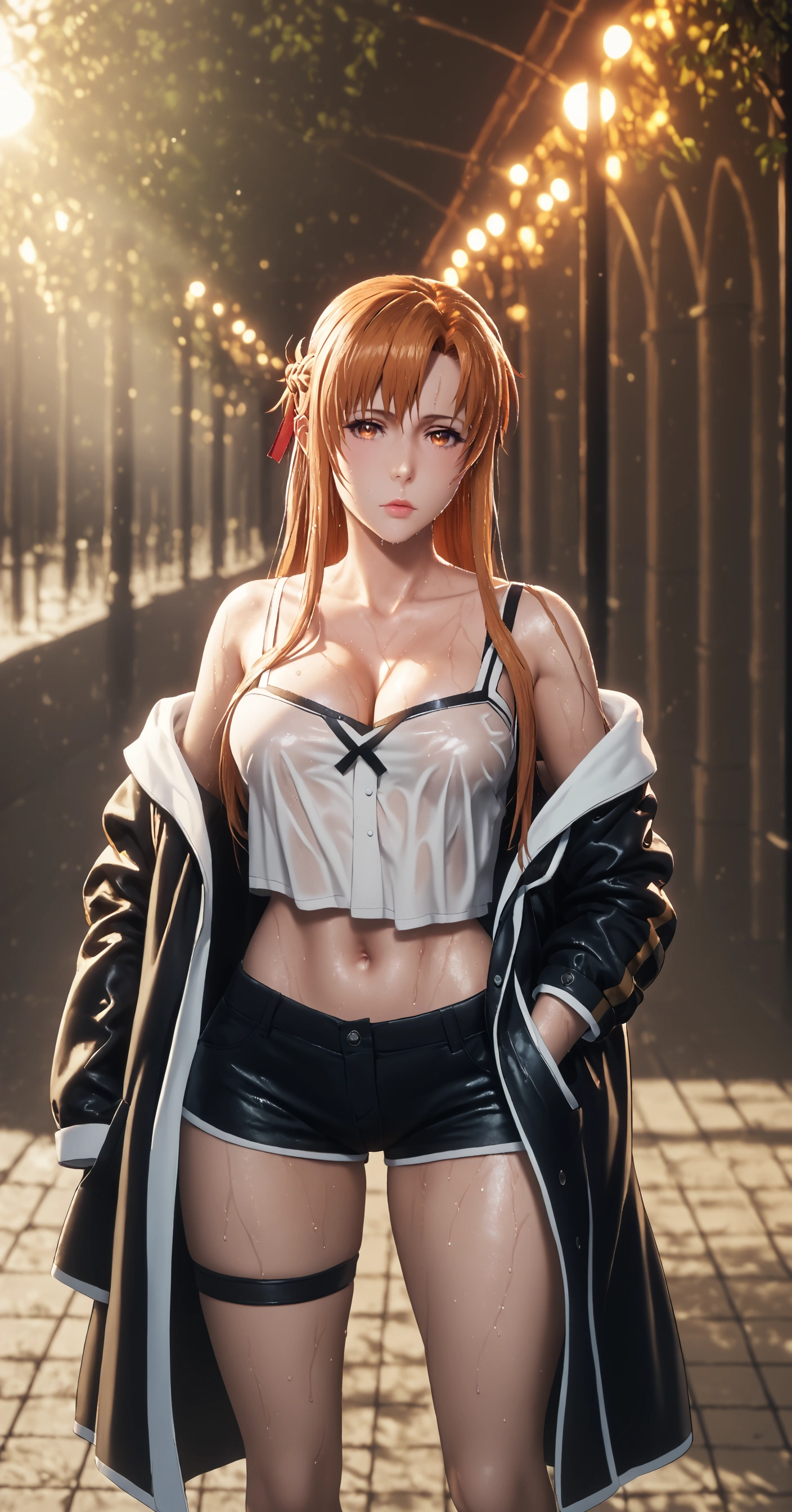 score_9, score_8_up, score_7_up, score_6_up, asuna yuuki from sword art online, orange hair, fold, braid, short hair, orange eyes, BREAK beautiful detailed eyes, beautiful detailed lips, extremely detailed face and portrait, elegant expression, soft warm lighting, volumetric lighting, cinematic composition, detailed environment, lush garden, vibrant colors, intricate details, masterpiece, high resolution, digital painting, excessive sweating, sweating profusely, sweating drop BREAK, shorts, jacket, ribbon, cleavage, solo, looking_at_viewer, wet, off_shoulder, bare_shoulders, navel, wet_clothes, short_shorts, thigh_strap, open_clothes, hands_in_pockets, midriff, black_shorts, standing, open_jacket, collarbone, outdoors, clothes_writing, (bokeh:1.3), backlighting, protruding breasts, 