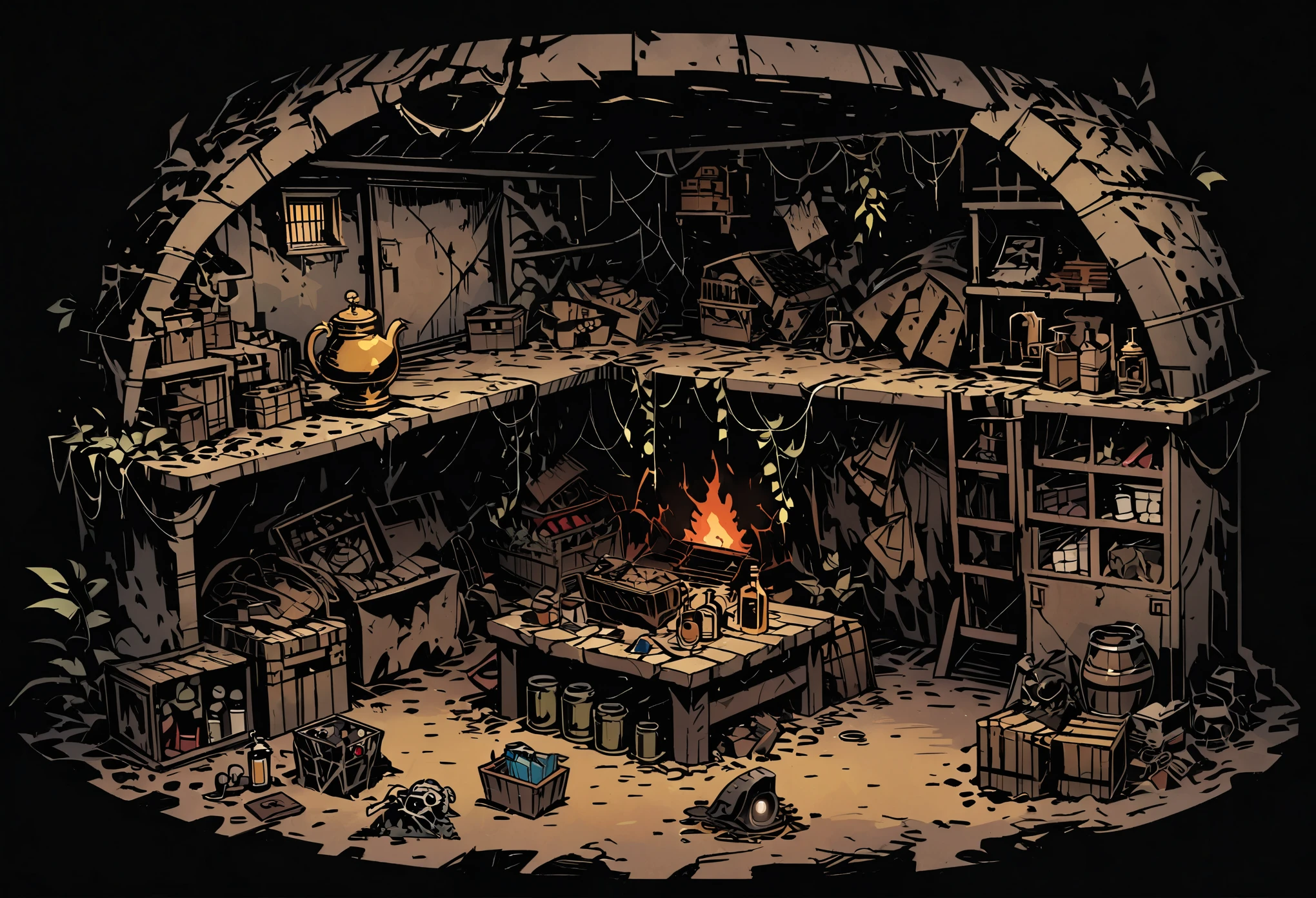 top view, Storage Room in bunker, cluttered with crates, empty supplies, living vines, broken crates, small valuable resources, bottles, cobwebs, survival, underground environment, WW1 bunker, ((old brass oil lamp)), masterpiece, Darkest Dungeon art, ultra detailed, thick outlines style
