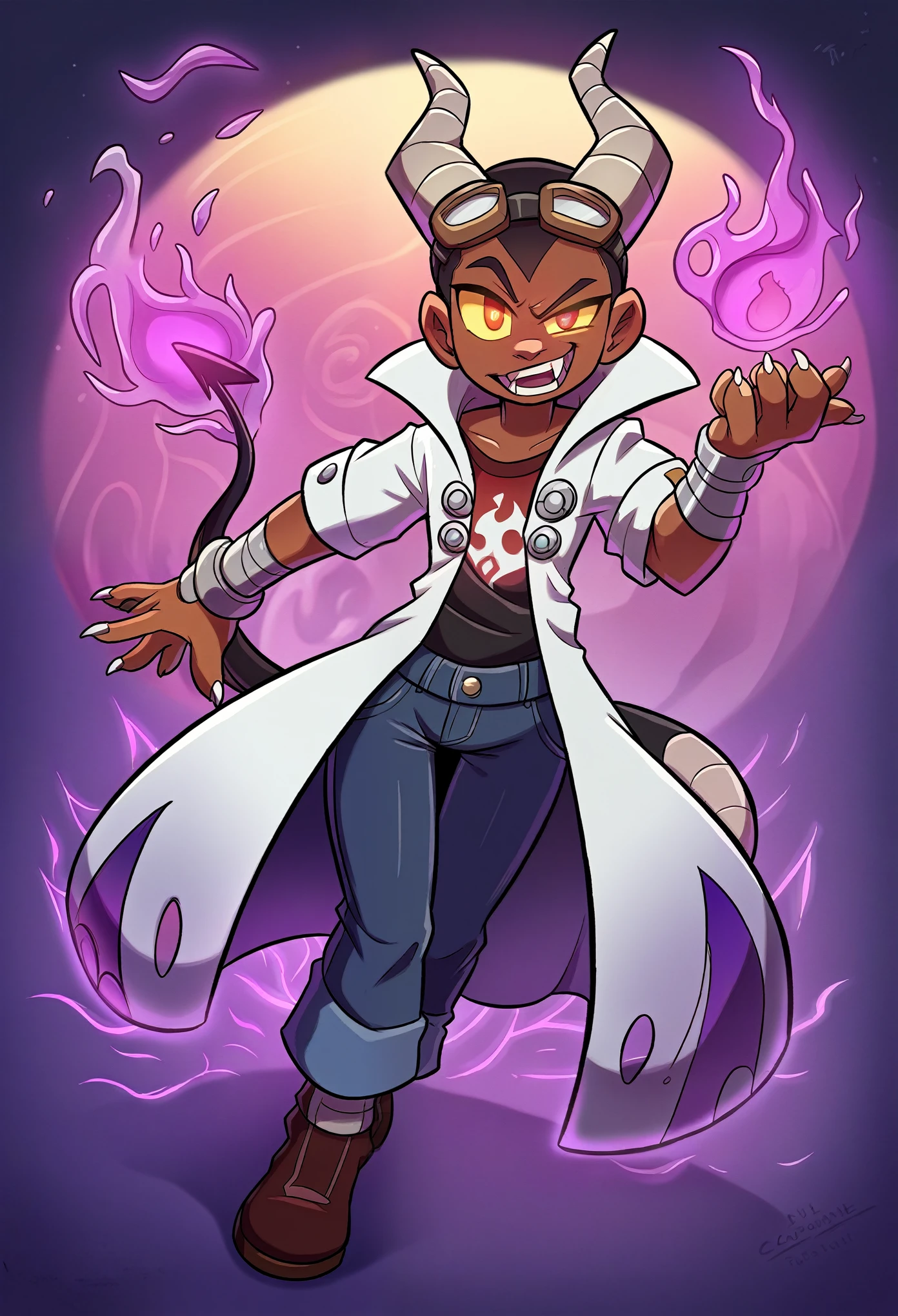 A man with dark chocolate brown skin and a mostly shaved head. He has heterochromia, with one eye blazing orange and the other void purple. He is wearing a delicate white lab coat over a red t-shirt and black jeans. Resting on his forehead are white lab goggles. He has dark, curved metallic horns on his forehead resembling those of Houndoom. A sleek, dark tail with a flame or bone-like pattern extends from his lower back. His hands have subtle claws with blackened sharp nails, and his teeth are slightly sharpened with visible canine fangs. His eyes or horns emit a faint, eerie glow, adding to his supernatural, menacing presence. Gentle Expression, detailed face, extremely detailed eyes, masterpiece, 4k, 8k, high-res, ultra-detailed, physically-based rendering, vivid colors, studio lighting cinematic lighting, dramatic lighting, fantasy, dramatic composition, dynamic pose, volumetric lighting, glowing runes, ethereal runes, rune-covered body, magical aura, purple energy, enchanted markings, shadow magic, magical aura intricate details, glowing magical energy, Ethereal runes, glowing eyes, breathtaking scenery, enchanted markings, nature magic, intricate details, glowing magical energy, Full body, chaos atmosphere