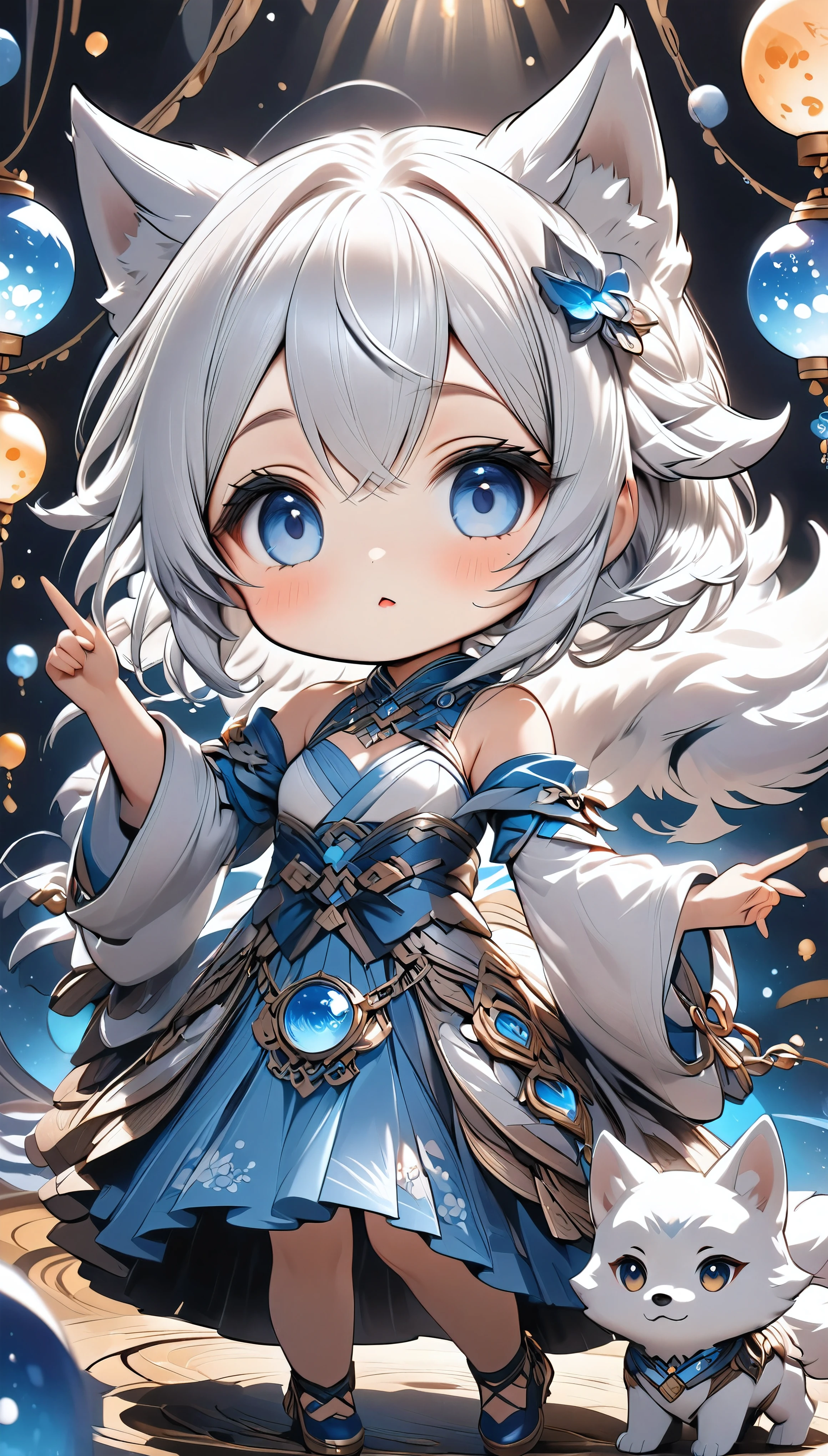 Cartoon, Chibi cute, Pixie White Wolf, solo, Transparent charm, Cute and sexy gestures attract attention, 