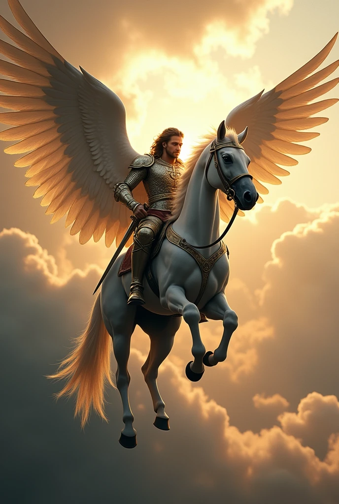 Powerful looking hefty male, wearing copper coloured clothes, holding a stick on left hand and rosar in right hand, golden yellow cloak, riding a golden flying horse through gust of blue dandelions, loving smile and kind eyes